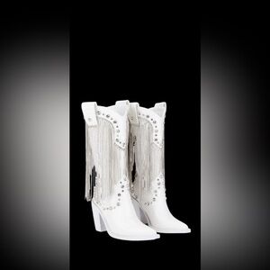Dolls Kill White and Silver Fringe Heeled Boots